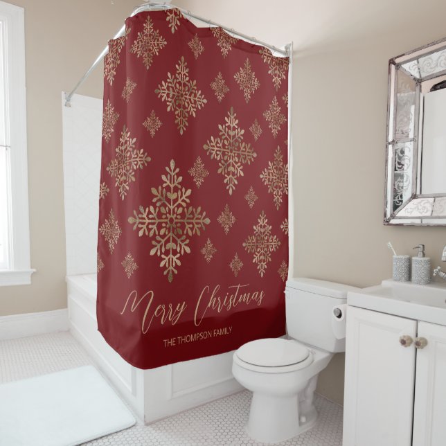 Rideaux De Douche Faux Golden Foil Snowflakes Sur Rouge (Pas Vrai Fo (En situation)