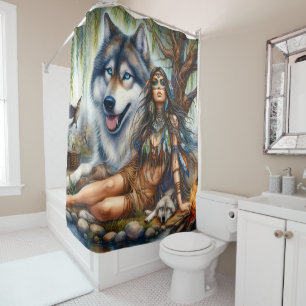 Rideaux De Douche Femme autochtone avec ses compagnons de loup