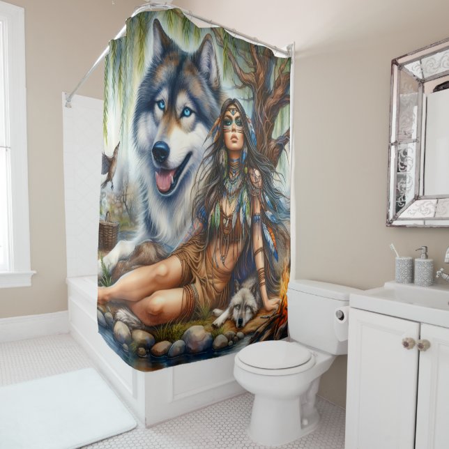 Rideaux De Douche Femme autochtone avec ses compagnons de loup (En situation)