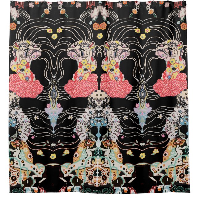 Rideaux De Douche FEMME, CENTAUR FLORAL Rouge Noir Blanc Motif Klimt (Devant)
