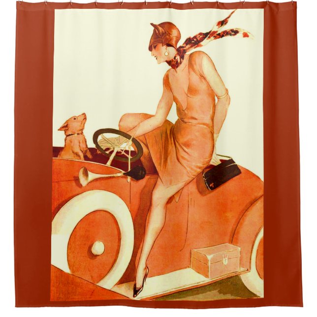 Rideaux De Douche Femme, voiture et chien des années 1920 (Devant)