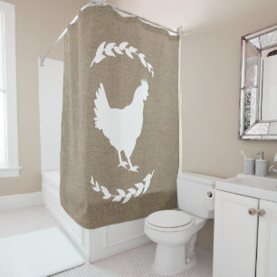 Rideaux De Douche Ferme Rustique Faux Burlap Laurels White Hen