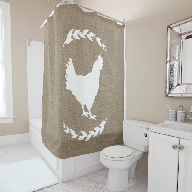 Rideaux De Douche Ferme Rustique Faux Burlap Laurels White Hen (En situation)