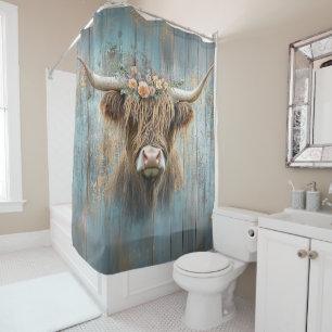 Rideaux De Douche Ferme rustique Highland Cow Floral Crown