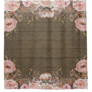 Rideaux De Douche Ferme rustique Pays rose Floral Bois foncé