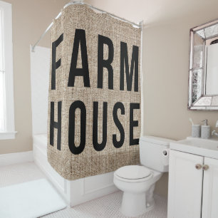 Rideaux De Douche FERMHOUSE Black Lettres Rustique Burlap Sacking