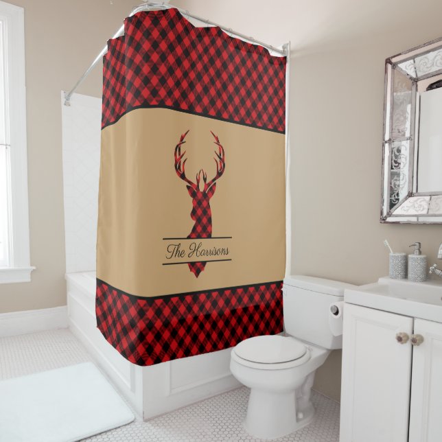 Rideaux De Douche Festif Farmhouse Buffalo Plaid Deer Personnalisé (En situation)