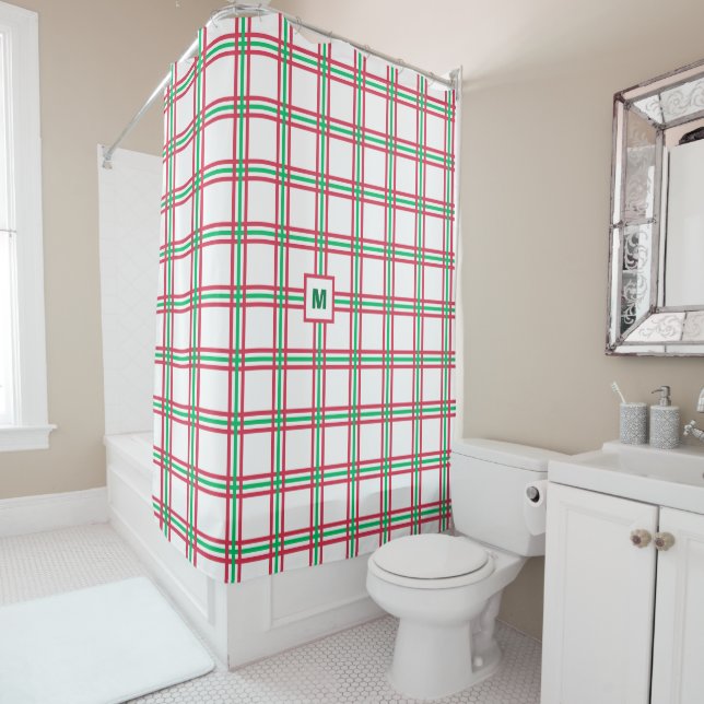 Rideaux De Douche Festif Monogramme moderne Rouge Vert Plaid Vacance (En situation)
