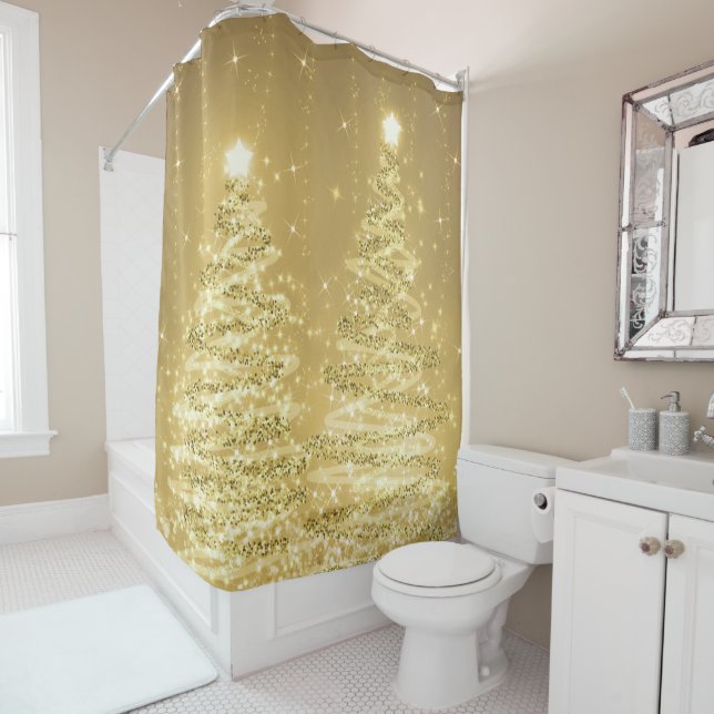 Rideaux De Douche Festif Noël étincelant arbres Or  (En situation)
