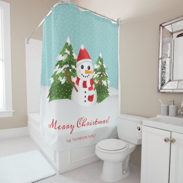 Rideaux De Douche Festif Winter Snowman & Nom personnalisé Noël (En situation)