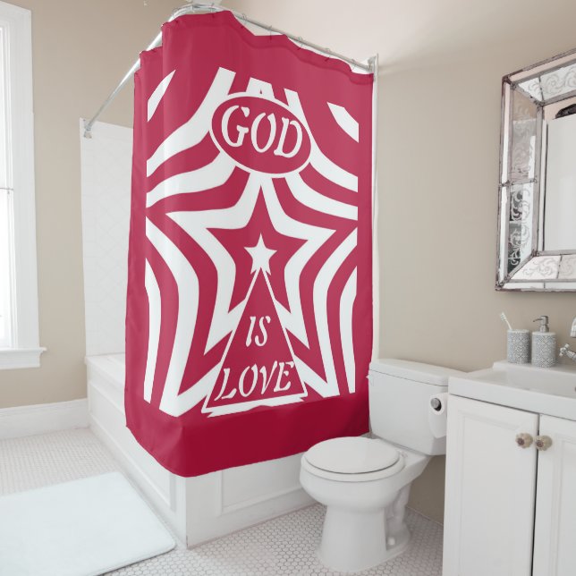 Rideaux De Douche Festive God Is Love Star Red & White Christmas (En situation)