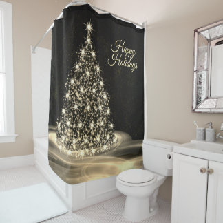 Rideaux De Douche Fête de Noël Arbre brillant doré hiver noir
