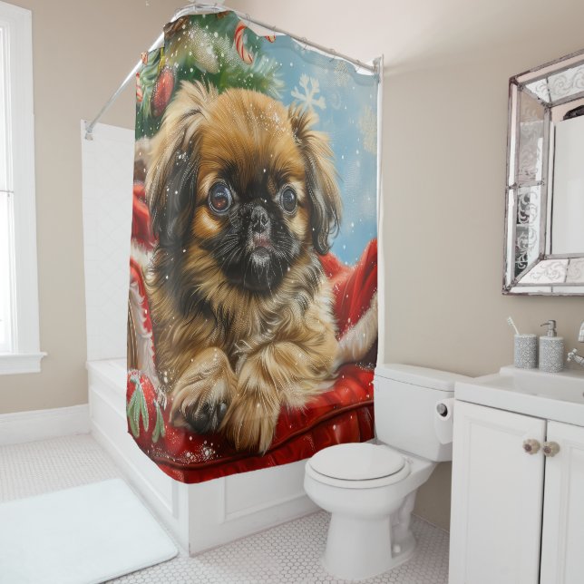 Rideaux De Douche Fête de Noël des chiens de Pékin (En situation)