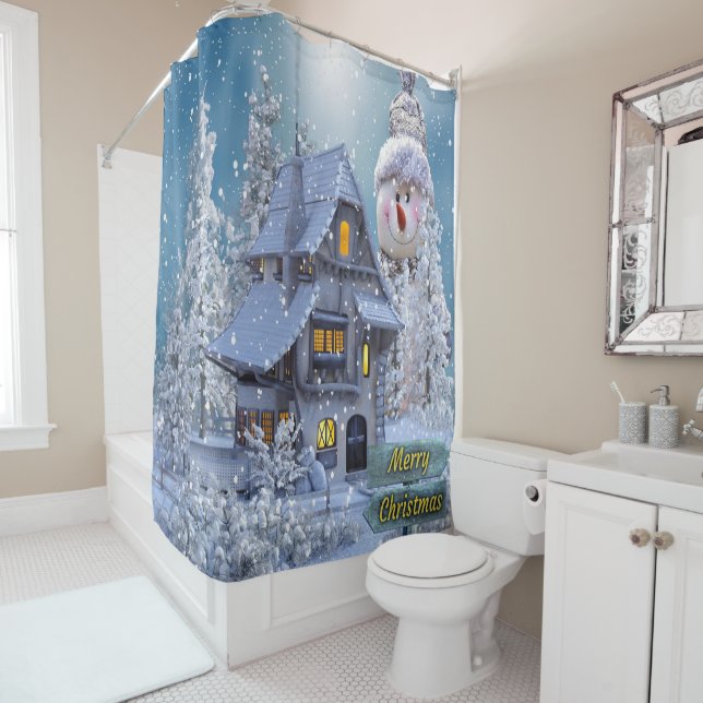 Rideaux De Douche Fête de Noël Hiver Blanc Snowman Bleu Russe (En situation)