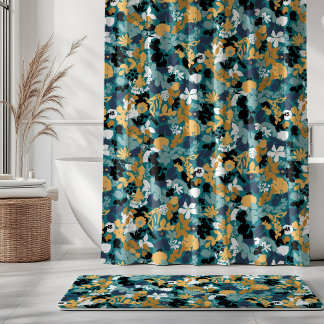 Rideaux De Douche Feuillage Turquoise Aqua bleu moutarde noir blanc
