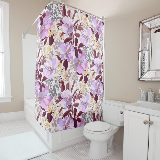 Rideaux De Douche Feuille de Bourgogne, modèle floral pourpre (En situation)