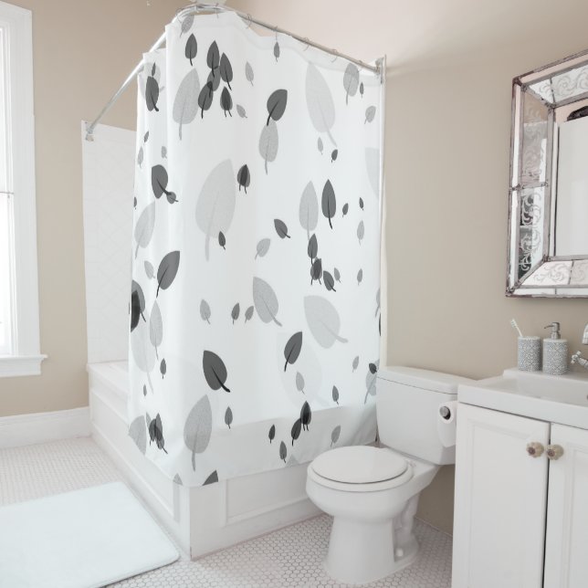 Rideaux De Douche feuille gris et blanc   (En situation)