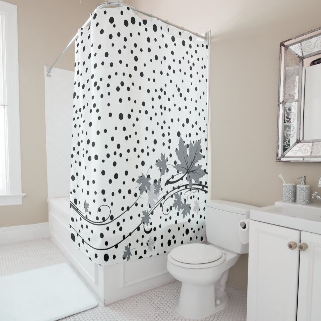 Rideaux De Douche Feuille gris et pois noir (En situation)
