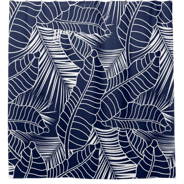 Rideaux De Douche Feuille tropicale, arrière - plan bleu marine (Devant)