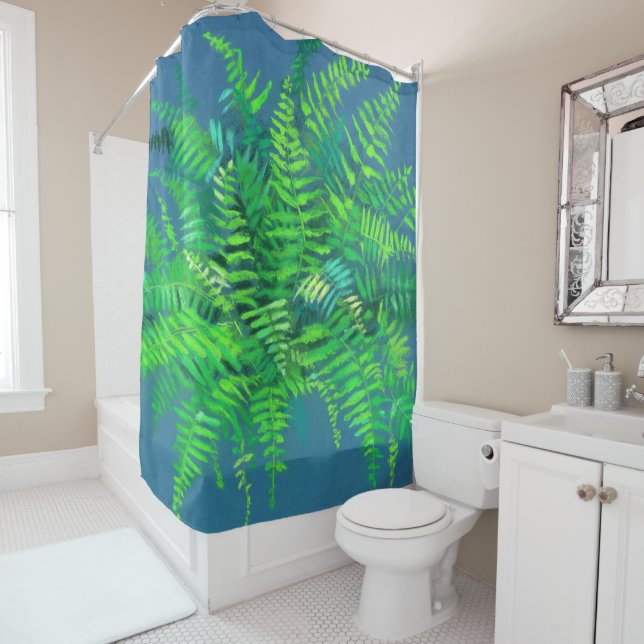 Rideaux De Douche Feuilles de fougères, design floral, verdure, bleu (En situation)