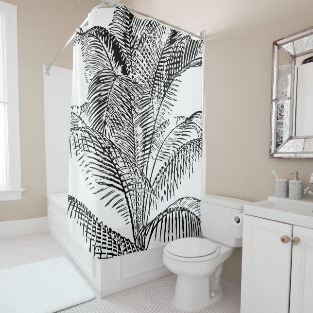 Rideaux De Douche Feuilles de palmier noir et blanc Motif Abstrait (En situation)
