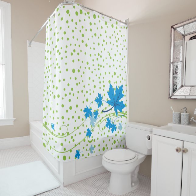 Rideaux De Douche Feuilles d'érable bleu et pois verts modernes (En situation)