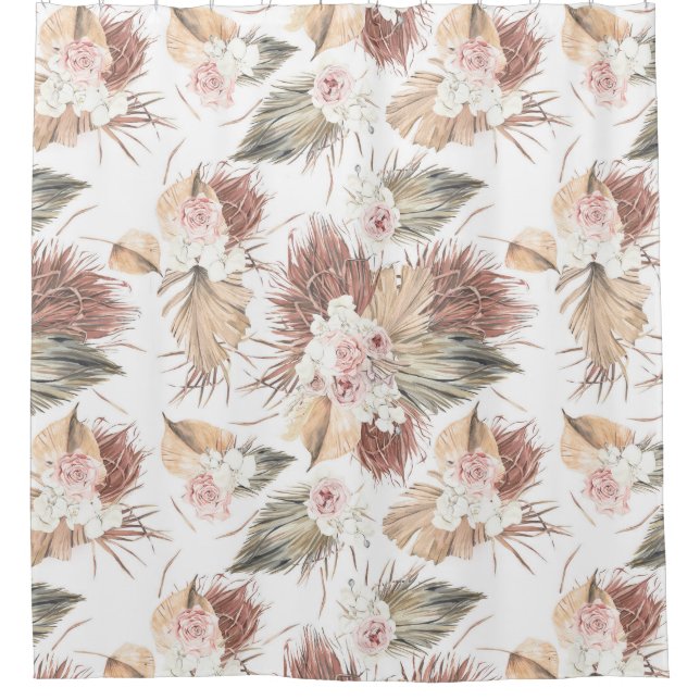 Rideaux De Douche Feuilles élégants de palmiers séchés et fleurs tro (Devant)