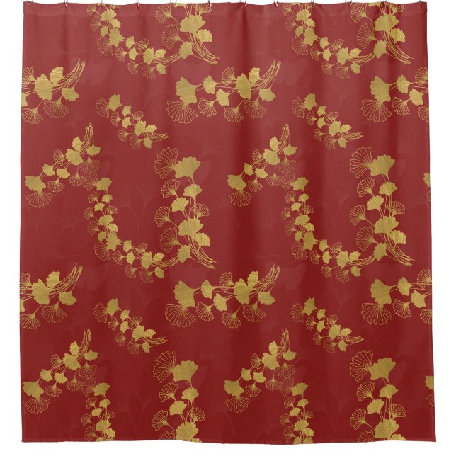 Rideaux De Douche Feuilles Gold Gingko Balboa sur Arrière - plan rou (Devant)