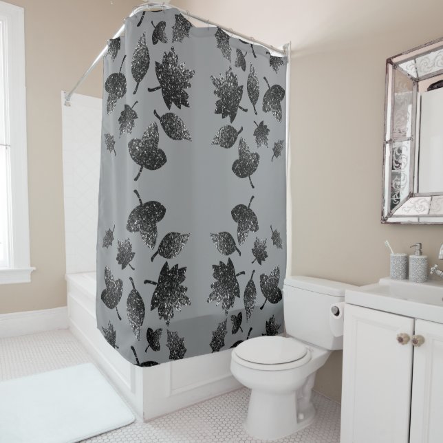 Rideaux De Douche Feuilles gris brillant en argent automne motif d'a (En situation)