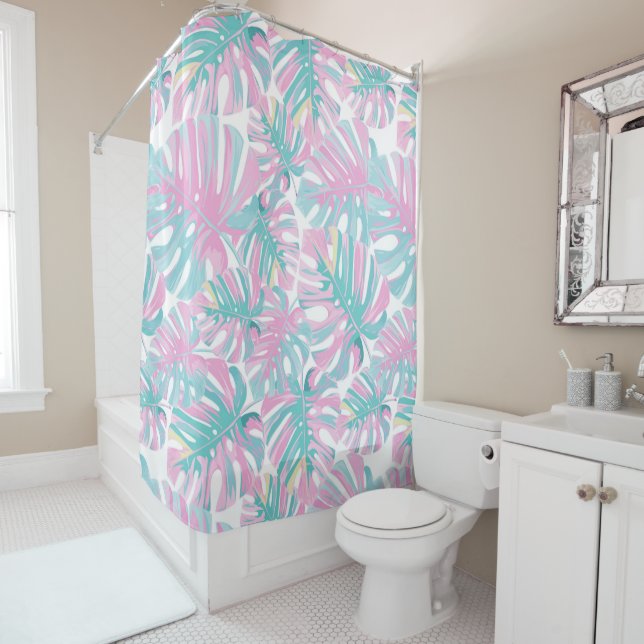 Rideaux De Douche Feuilles roses tropicaux (En situation)