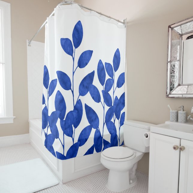 Rideaux De Douche Feuilles Royal Blue Watercolor (En situation)