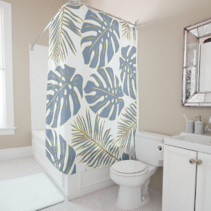 Rideaux De Douche Feuilles tropicales bleu poussiéreux avec contour 