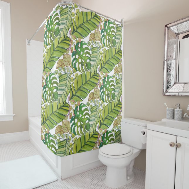 Rideaux De Douche Feuilles Tropicaux En Aquarelle (En situation)