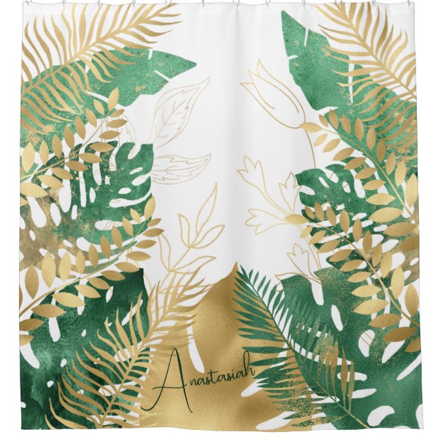 Rideaux De Douche Feuilles tropicaux modernes Anastasiah Gold Green (Devant)
