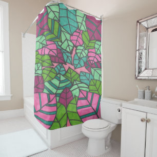 Rideaux De Douche Feuilles tropicaux rose et vert Imprimer