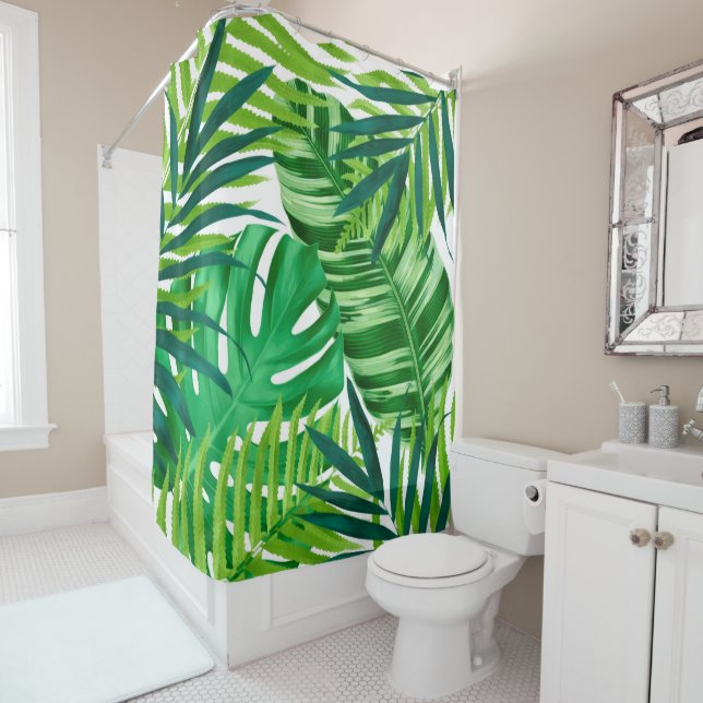 Rideaux De Douche feuilles tropicaux verts (En situation)