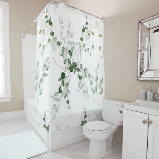 Rideaux De Douche Feuilles verts botaniques délicats (En situation)