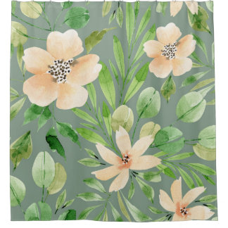Rideaux De Douche Feuilles verts, Fleurs roses : Aquarelle.