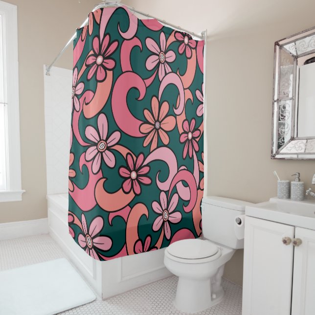 Rideaux De Douche Fille Super Coral rose Vert les années 70 Fleurs M (En situation)