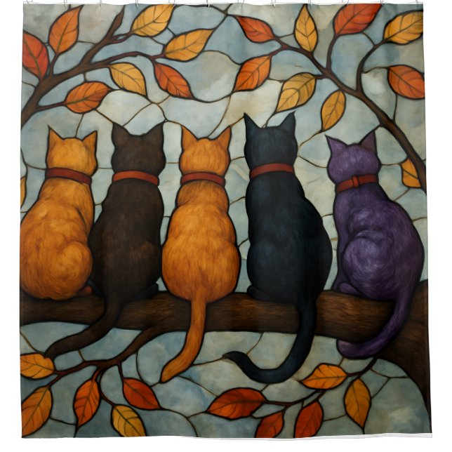 Rideaux De Douche Five Cats on a Tree Branch Stained Glass Style (Devant)