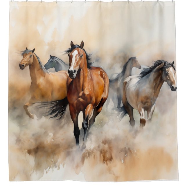 Rideaux De Douche "Five Wild Mustangs" Aquarelle Occidentale Dusty (Devant)