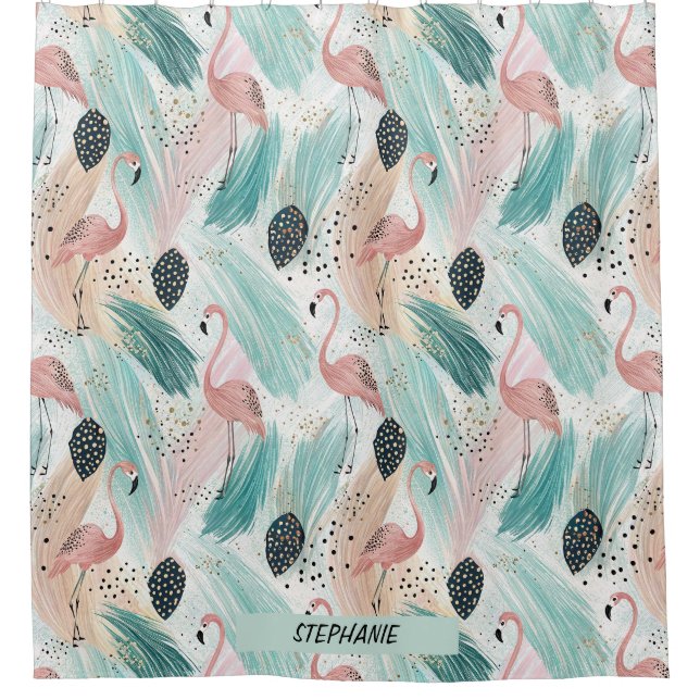 Rideaux De Douche Flamant rose d'aquarelle Motif tropical (Devant)