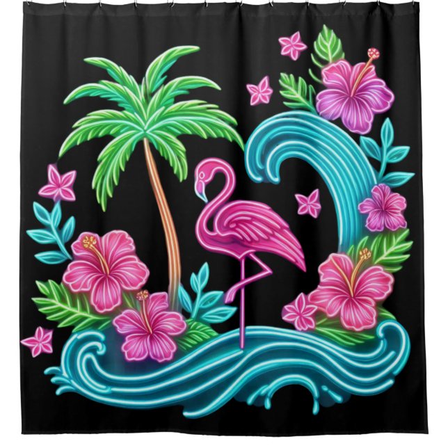 Rideaux De Douche Flamant rose de néon tropical (Devant)