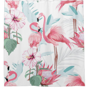 Rideaux De Douche flamant rose et fleurs exotiques, feuilles de palm