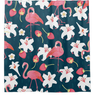 Rideaux De Douche Flamant rose et Lilies Tropical vintage sans coutu