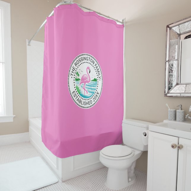 Rideaux De Douche Flamant rose rose dans l'eau Nom de famille Estd D (En situation)