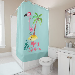 Rideaux De Douche Flamant rose Rose Dans Un Chapeau De Père Noël Par