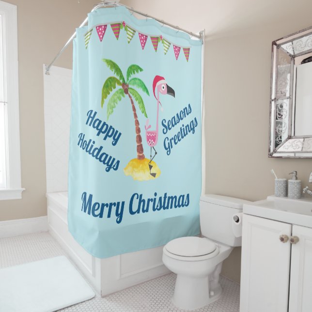 Rideaux De Douche Flamant rose rose lunique Noël tropical (En situation)