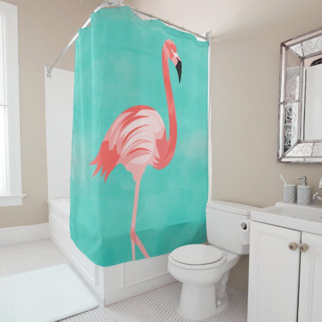 Rideaux De Douche Flamant rose rose sur Arrière - plan turquoise (En situation)