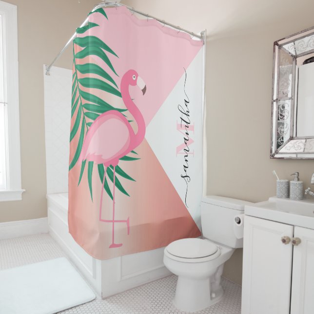 Rideaux De Douche Flamant rose rose tropical (En situation)